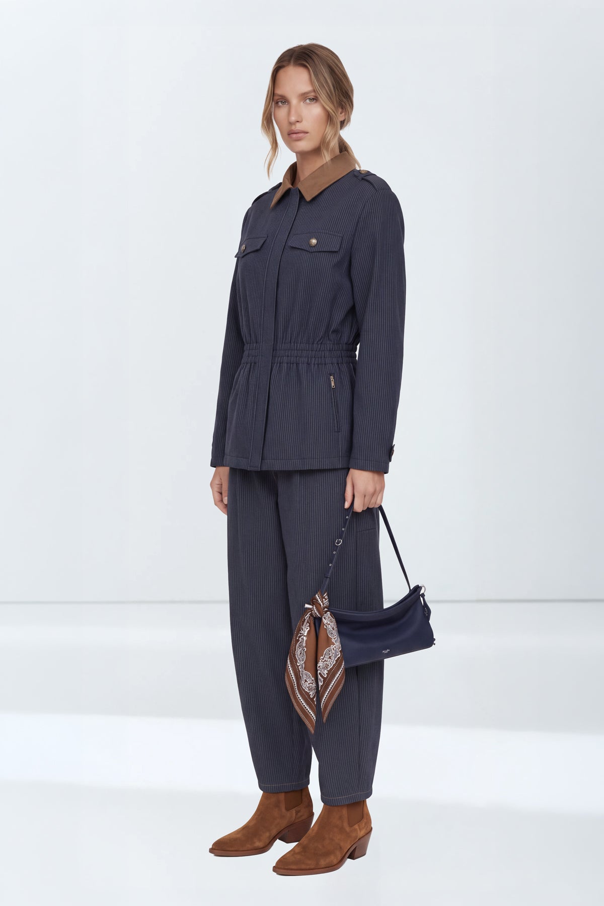 Kadın Çizgili Denim Görünümlü Lastik Belli Ceket-WFWCE0035