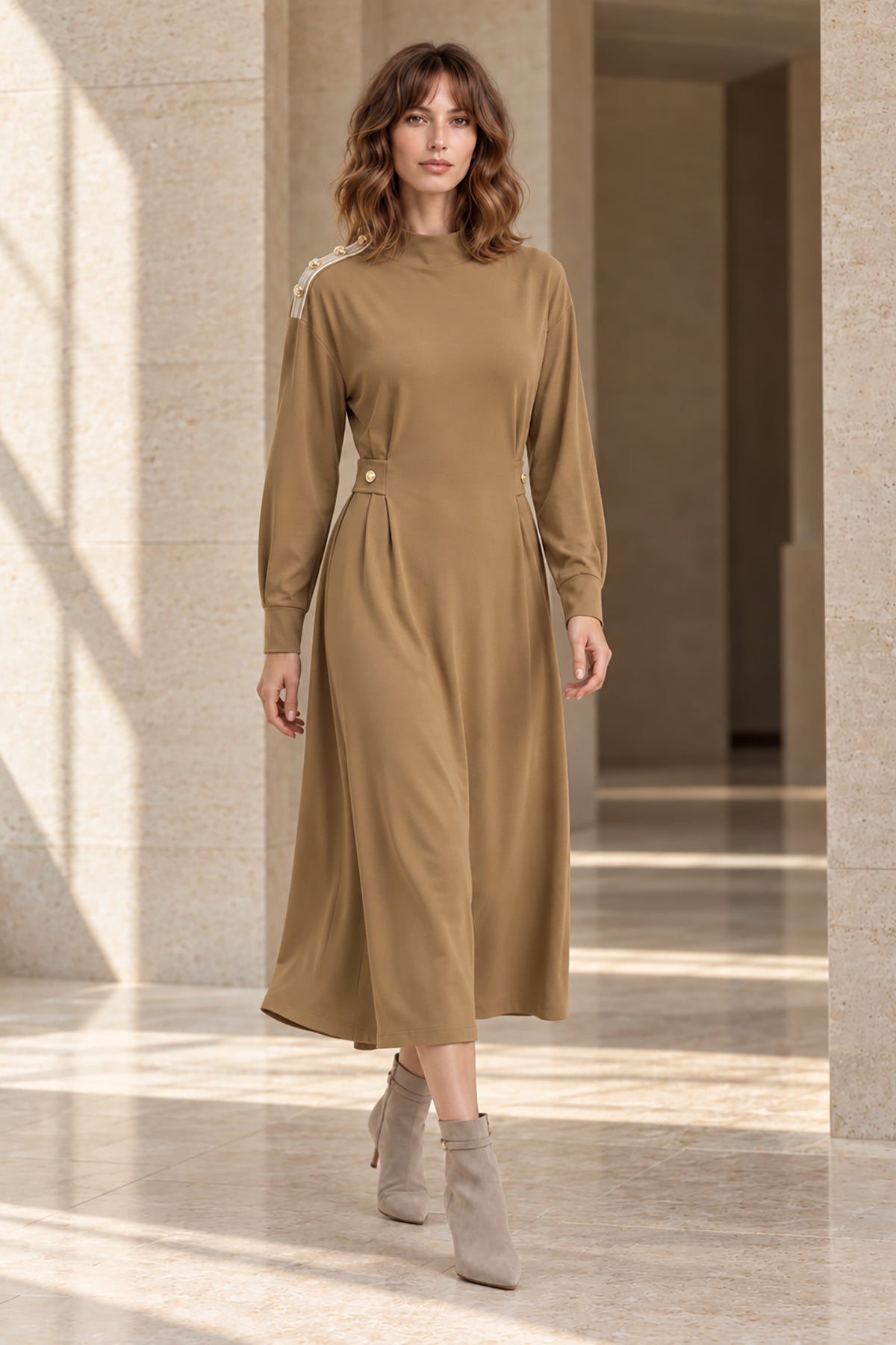 Kadın Camel Lyocell Elbise-WFWEL0119