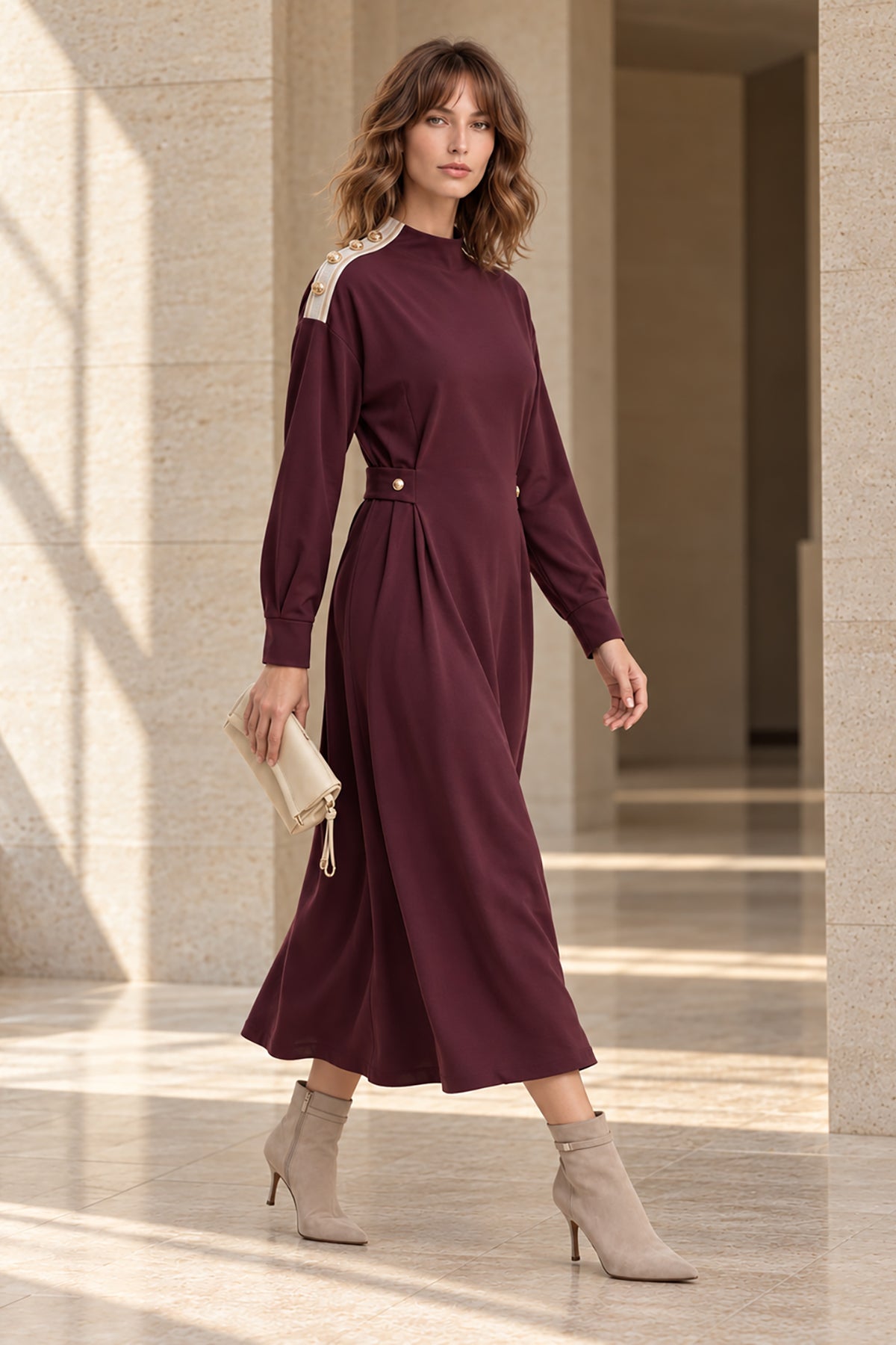 Kadın Bordo Lyocell Elbise-WFWEL0119