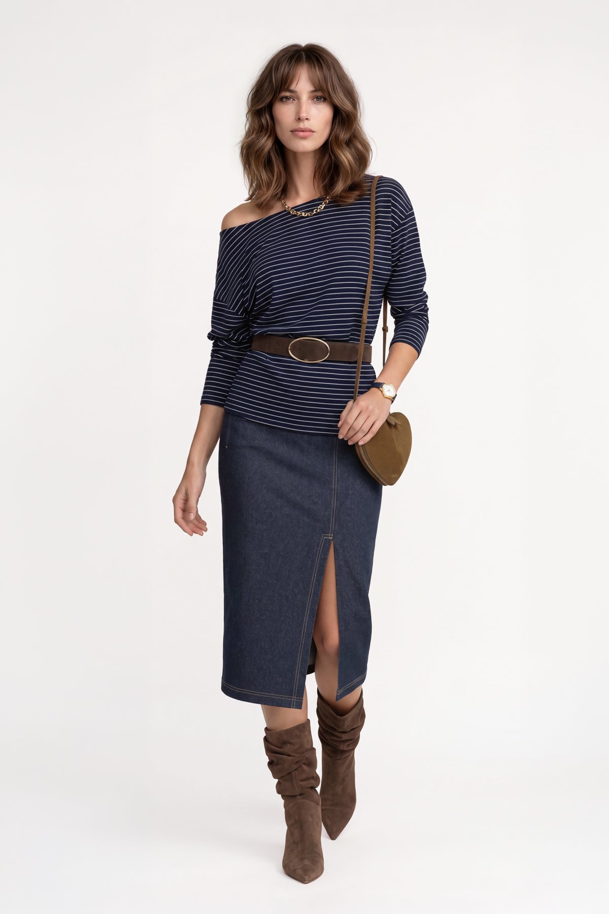 Kadın Mavi Denim Görünümlü Yırtmaçlı Maxi Etek-WFWET0085