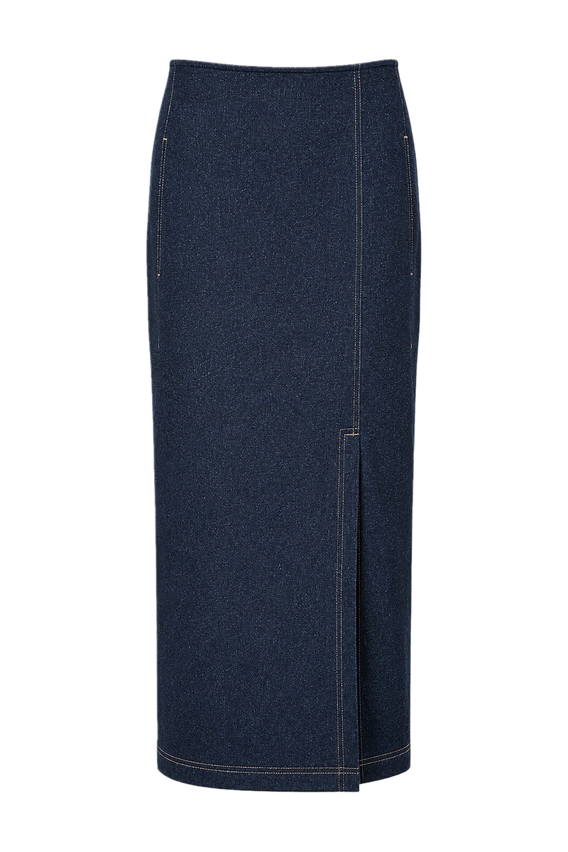 Kadın Mavi Denim Görünümlü Yırtmaçlı Maxi Etek-WFWET0085