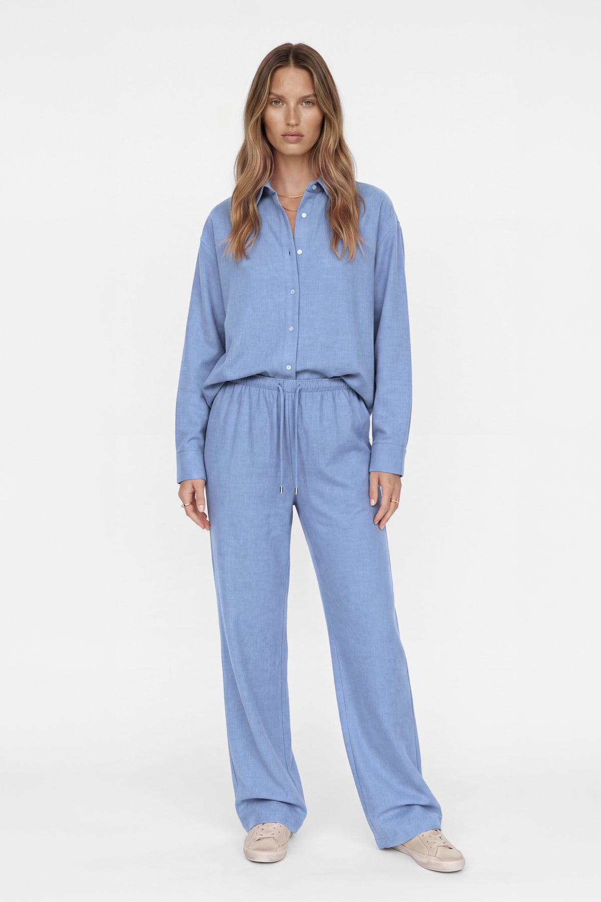 Kadın Mavi Melanj Yün Dokulu Oversize Gömlek-WFWGM0059