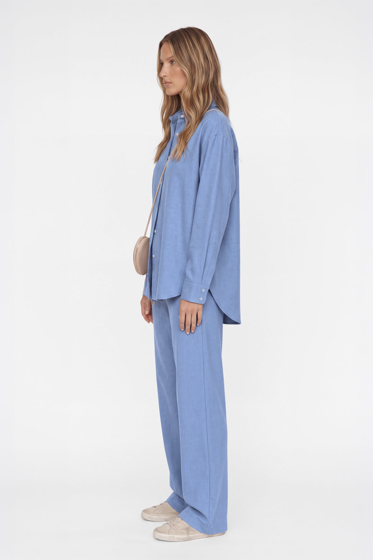 Kadın Mavi Melanj Yün Dokulu Oversize Gömlek-WFWGM0059