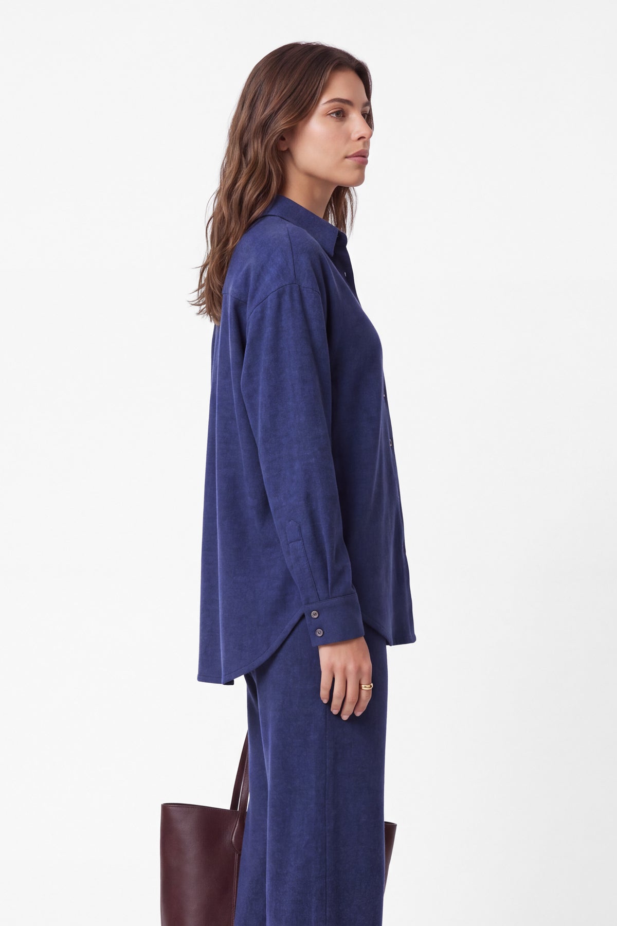Kadın Lacivert Denim Melanj Yün Dokulu Oversize Gömlek-WFWGM0059