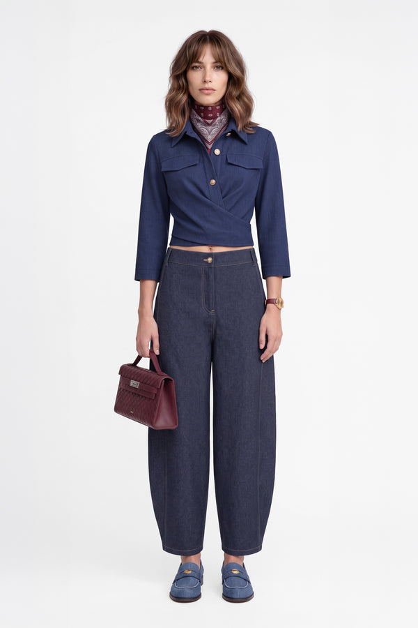 Kadın Lacivert Denim Melanj Yün Dokulu İnce Kumaş Gömlek-WFWGM0104