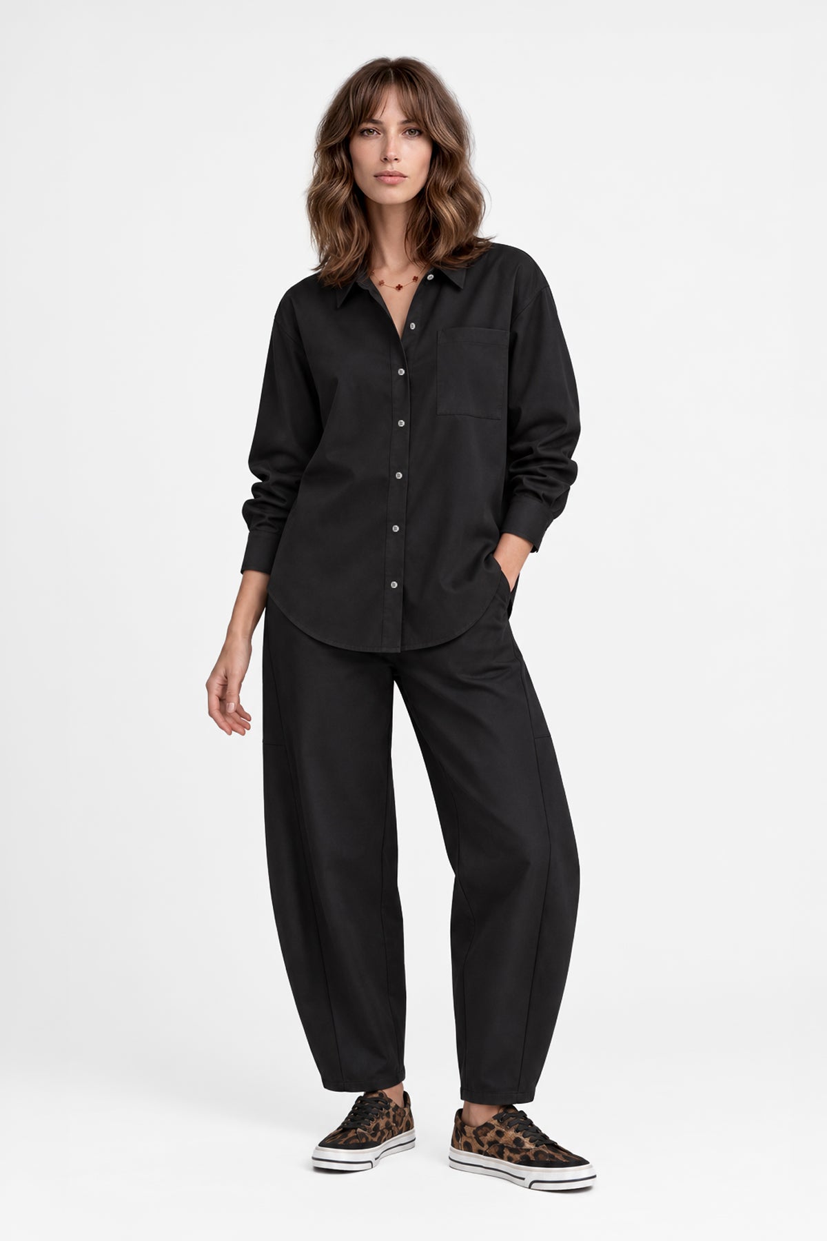 Kadın Siyah Premium Modal Oversize Gömlek-WFWGM0129