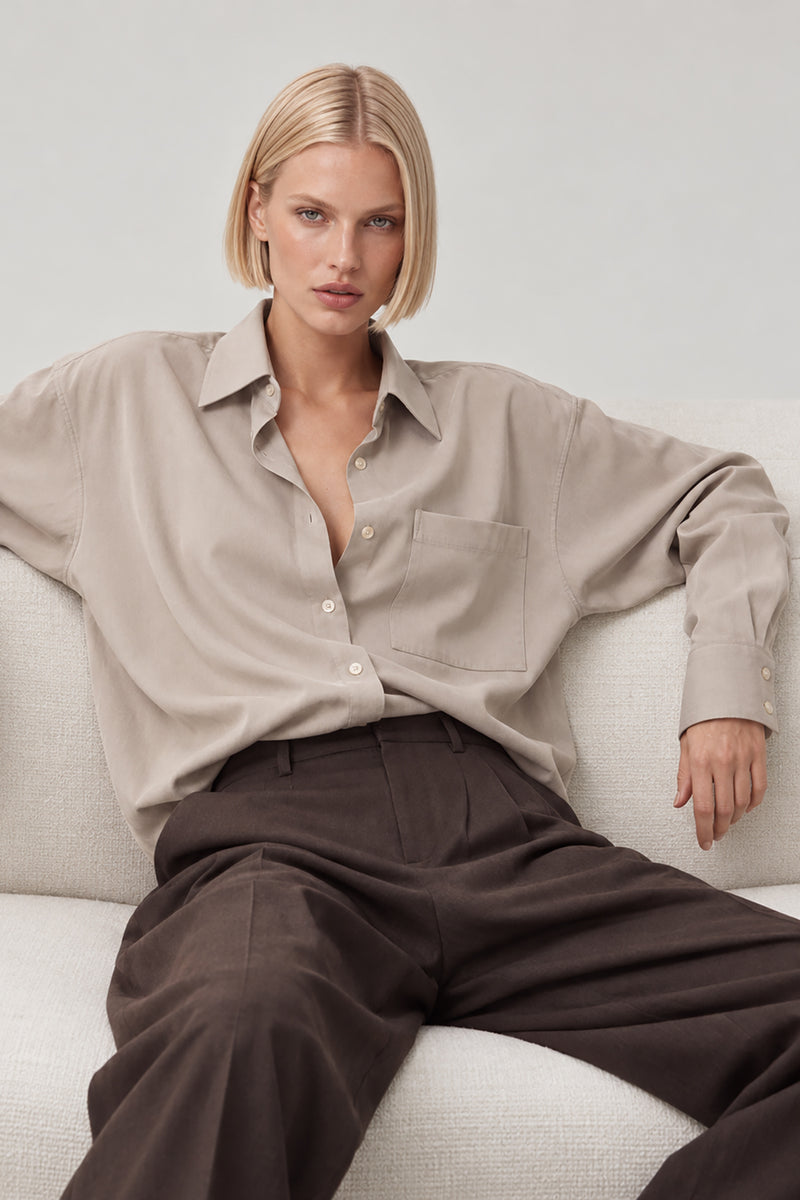 Kadın Bej Premium Modal Oversize Gömlek-WFWGM0129