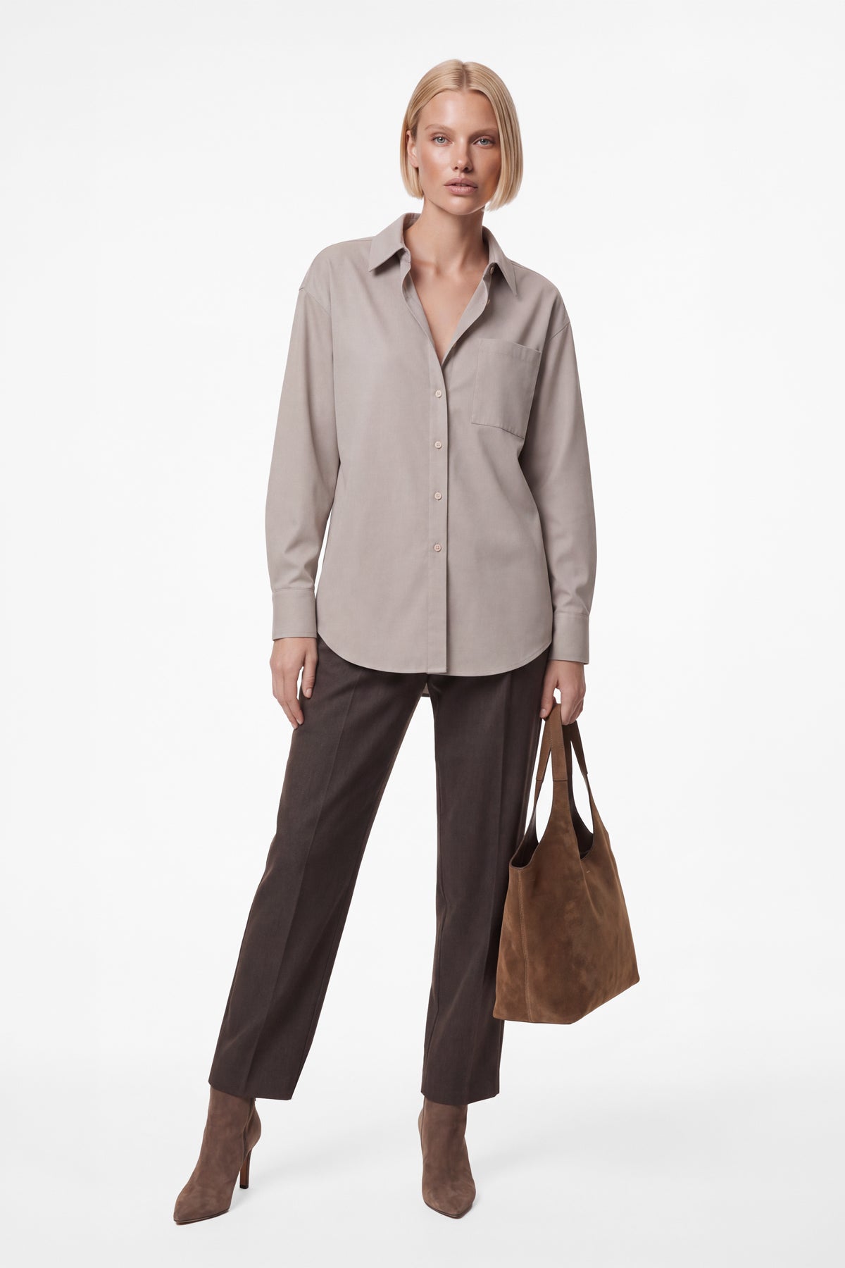 Kadın Bej Premium Modal Oversize Gömlek-WFWGM0129