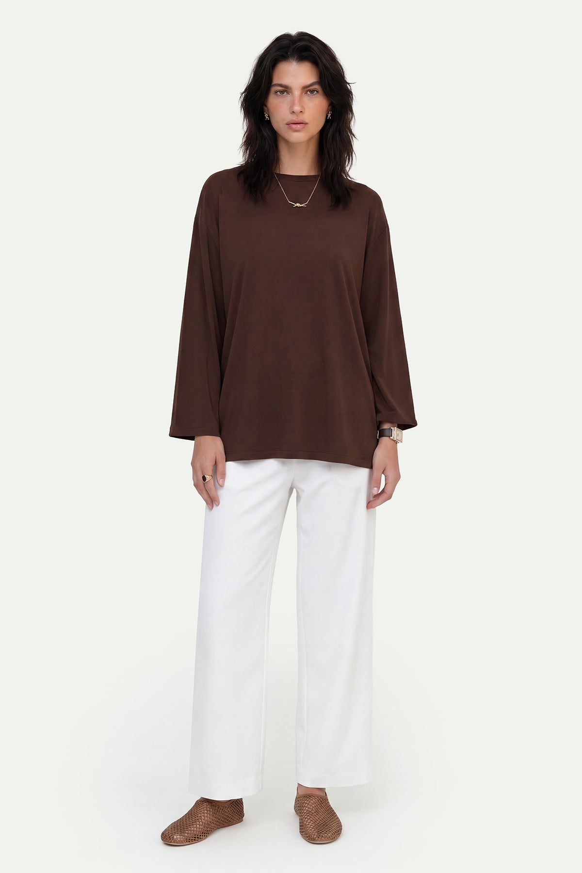 Kadın Kahverengi Lyocell Oversize 3/4 T-Shirt-SFWTI0022