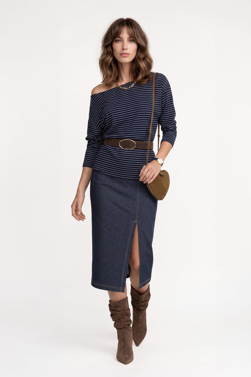 Kadın Mavi Denim Görünümlü Yırtmaçlı Maxi Etek-WFWET0085