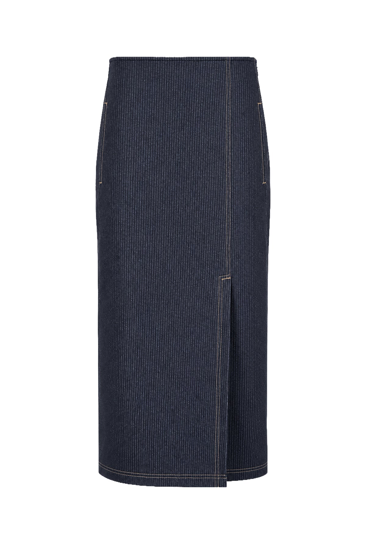 Kadın Çizgili Denim Görünümlü Yırtmaçlı Maxi Etek-WFWET0085
