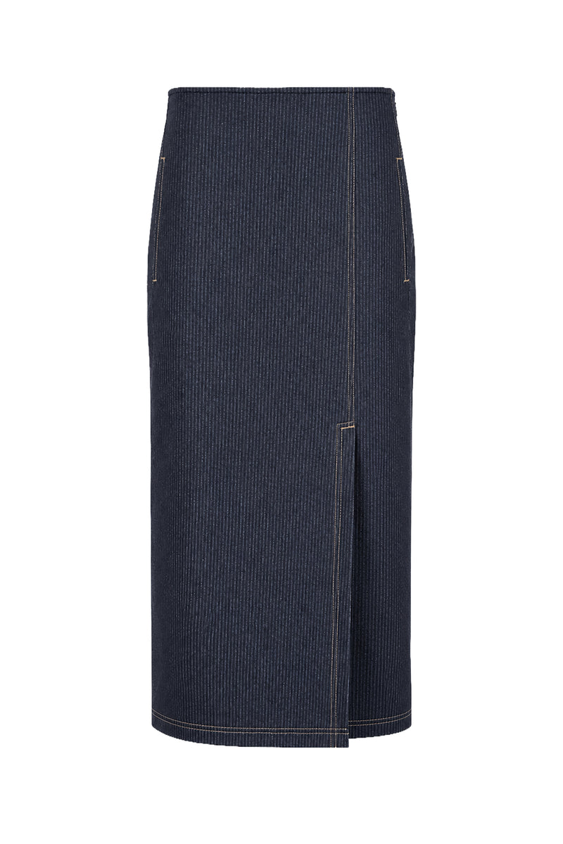 Kadın Çizgili Denim Görünümlü Yırtmaçlı Maxi Etek-WFWET0085
