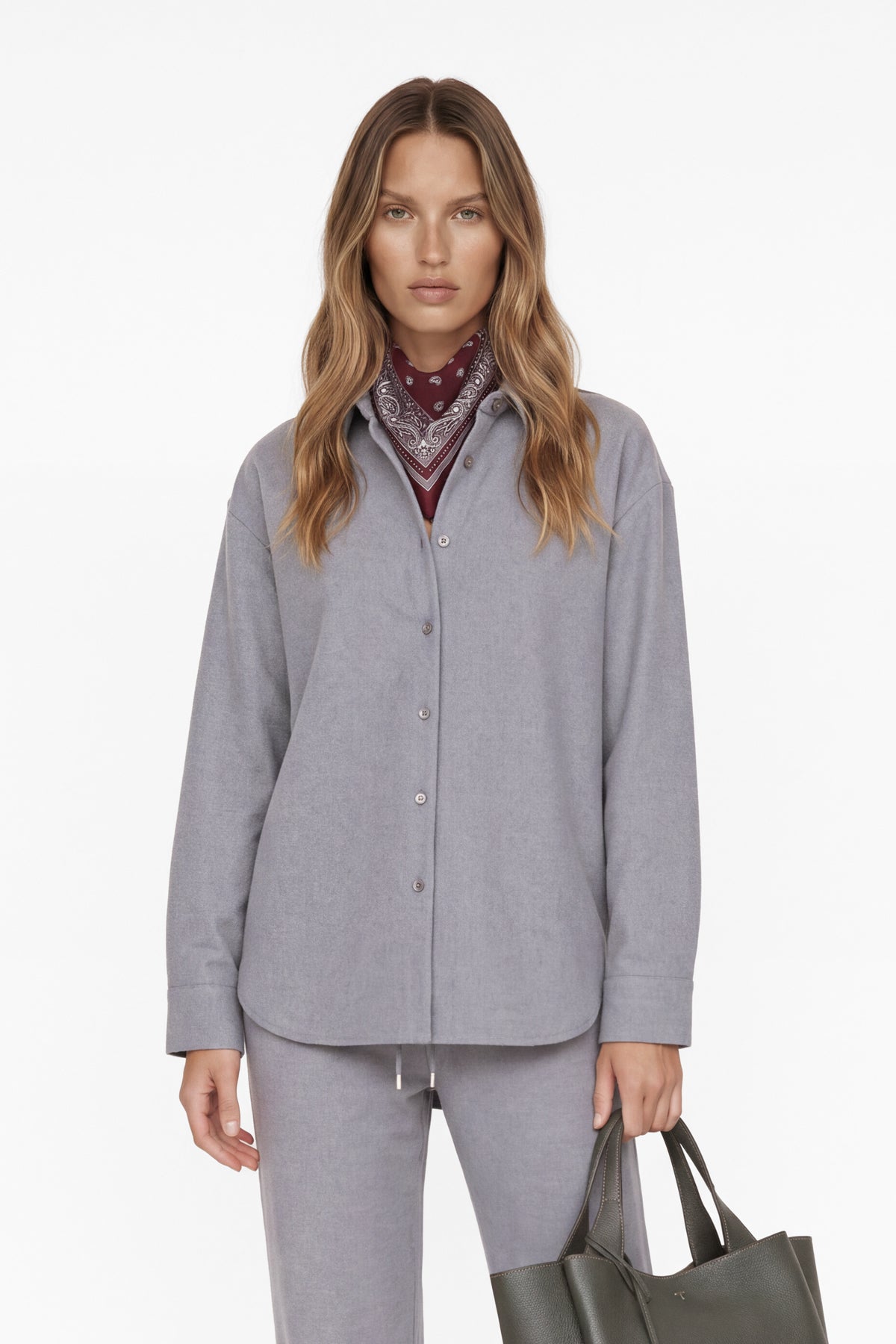 Kadın Koyu Gri Melanj Yün Dokulu Oversize Gömlek-WFWGM0059
