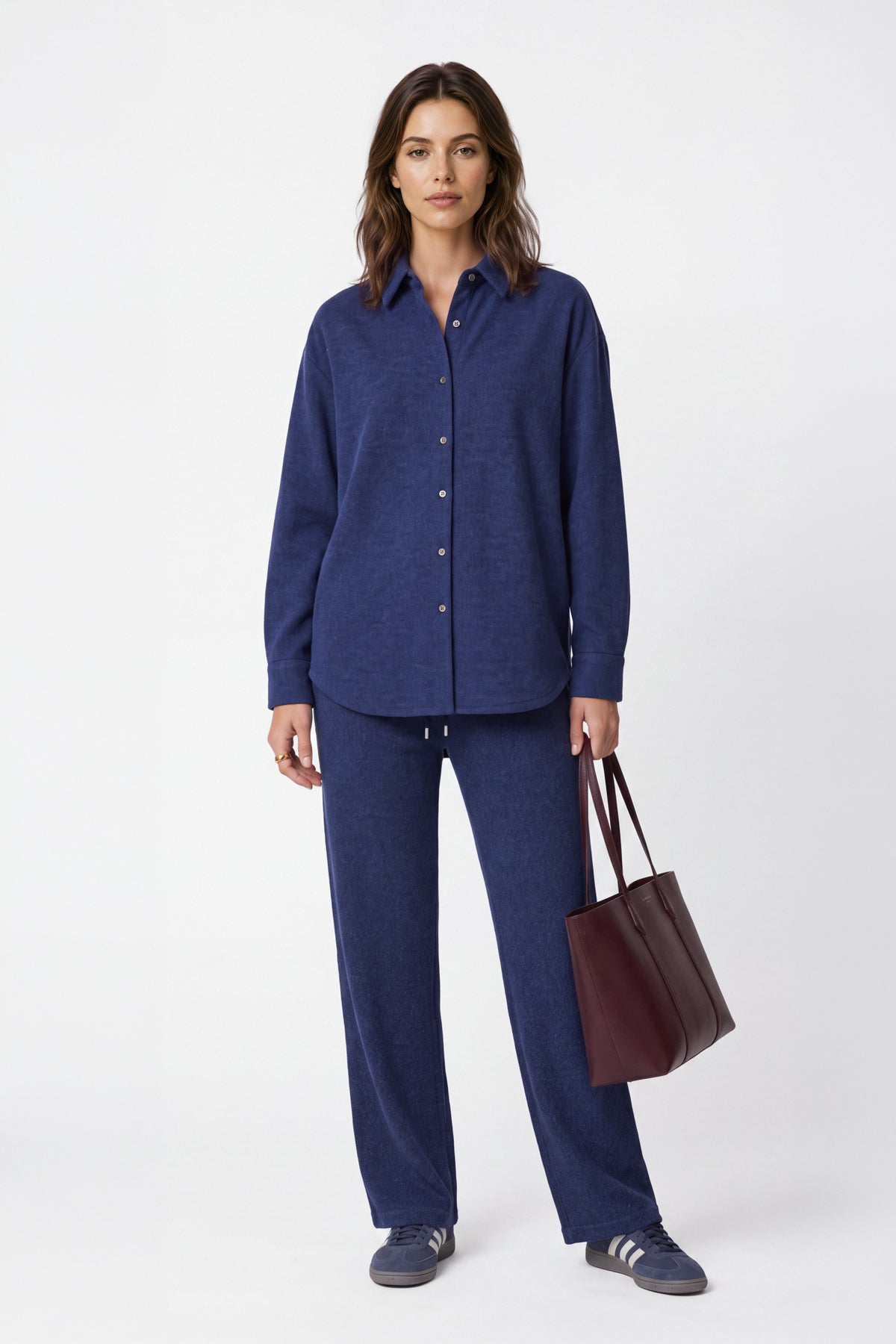 Kadın Lacivert Denim Melanj Yün Dokulu Oversize Gömlek-WFWGM0059