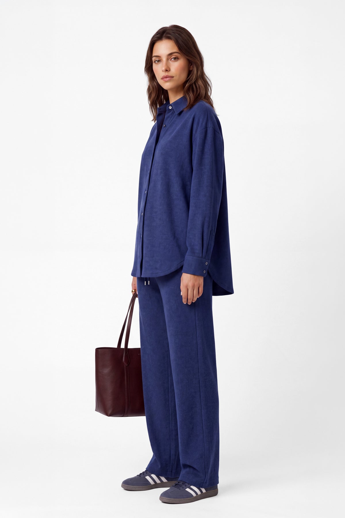 Kadın Lacivert Denim Melanj Yün Dokulu Oversize Gömlek-WFWGM0059