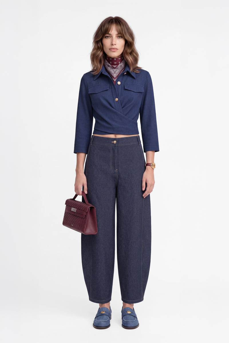 Kadın Lacivert Denim Melanj Yün Dokulu Gömlek-WFWGM0104