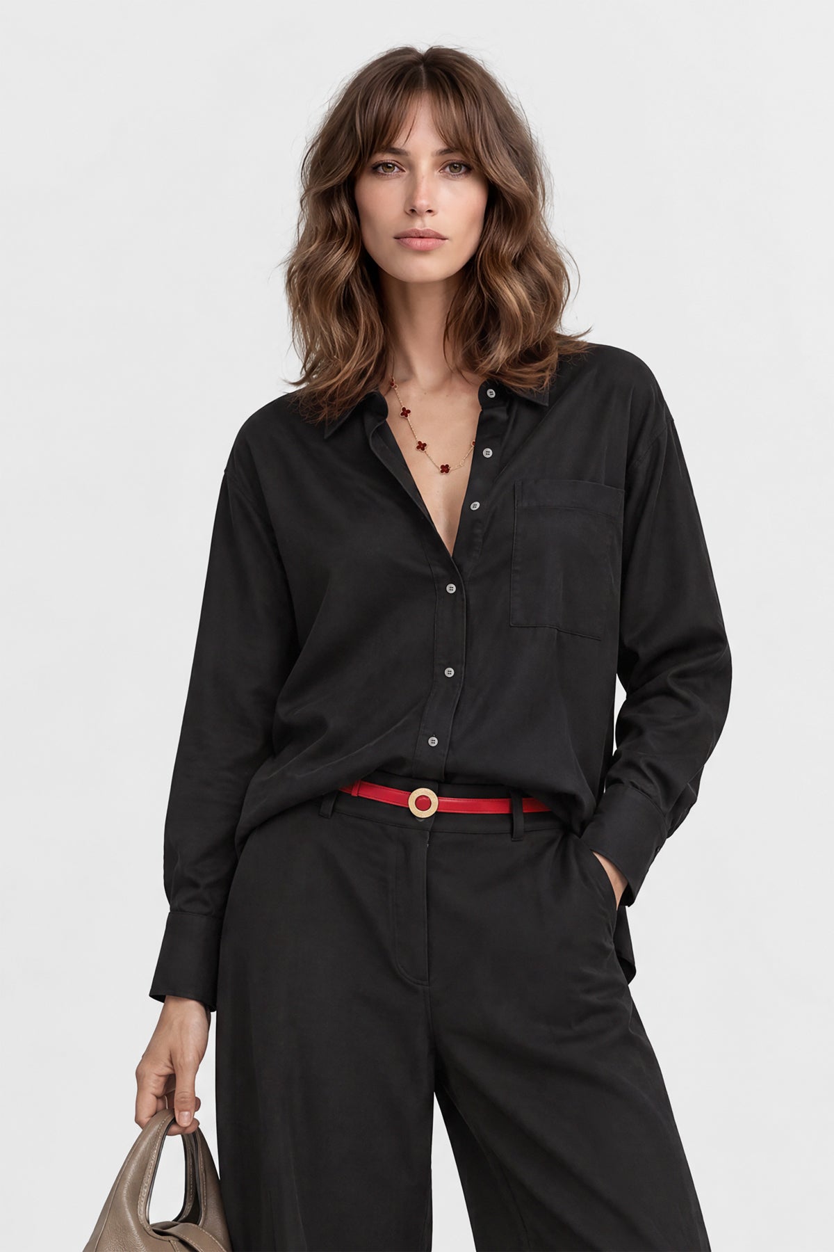 Kadın Siyah Premium Modal Oversize Gömlek-WFWGM0129