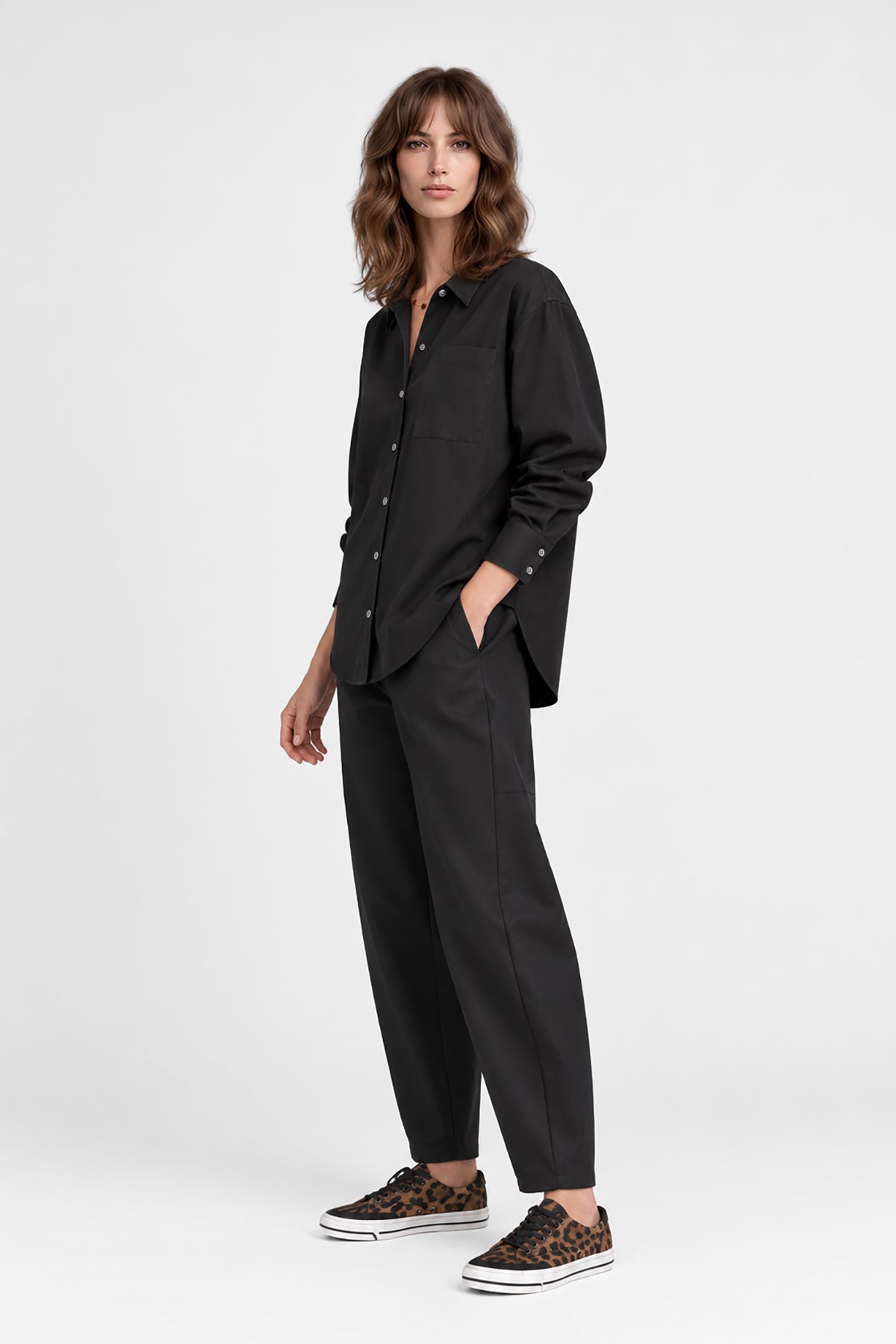 Kadın Siyah Premium Modal Oversize Gömlek-WFWGM0129