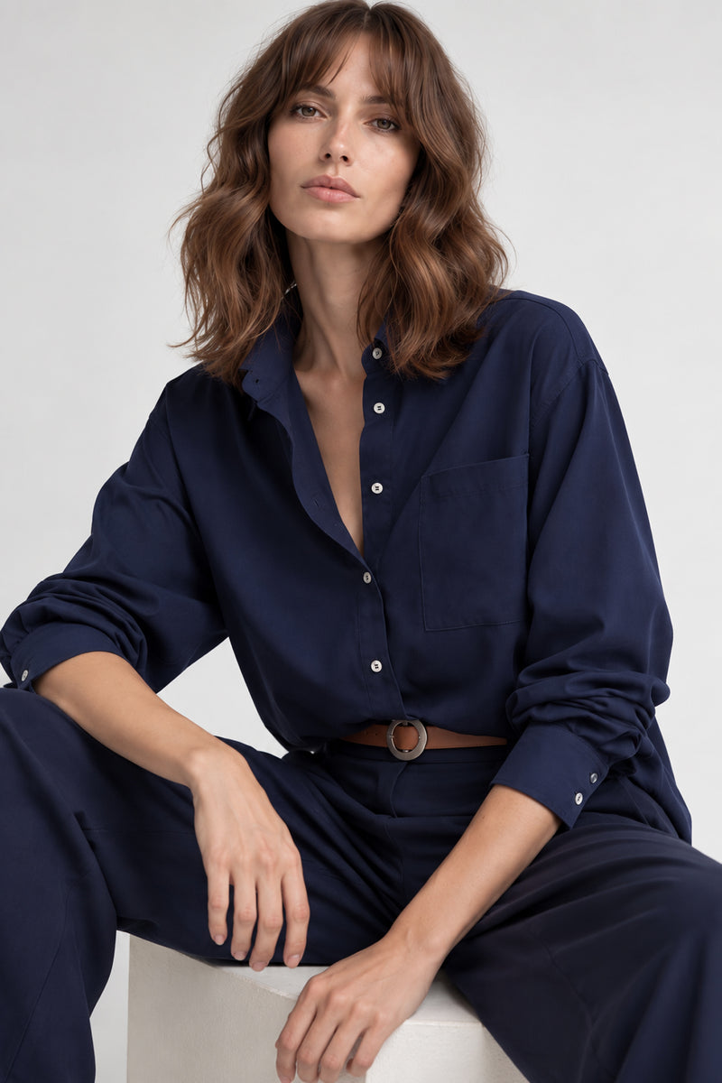 Kadın Lacivert Premium Modal Oversize Gömlek-WFWGM0129