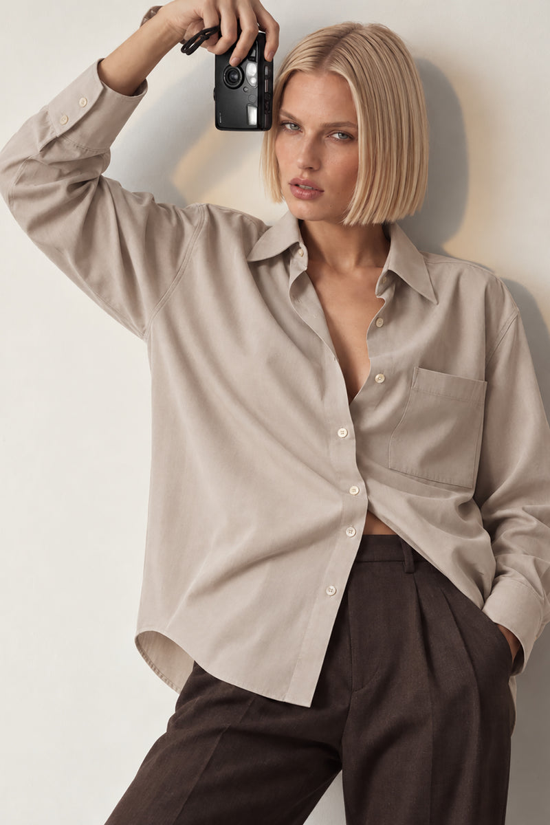 Kadın Bej Premium Modal Oversize Gömlek-WFWGM0129