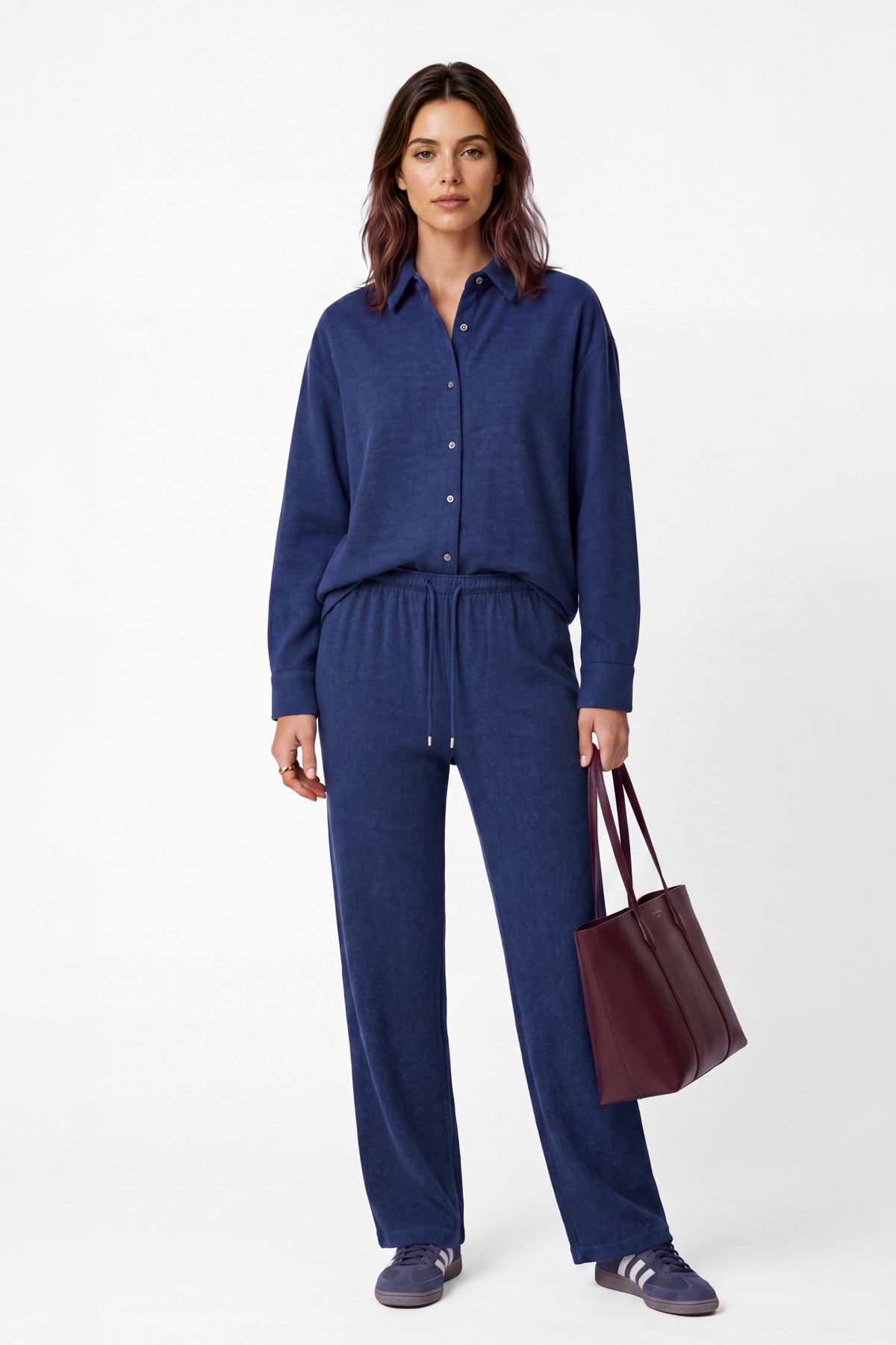 Kadın Lacivert Denim Melanj Yün Dokulu Palazzo Pantolon-WFWPA0058