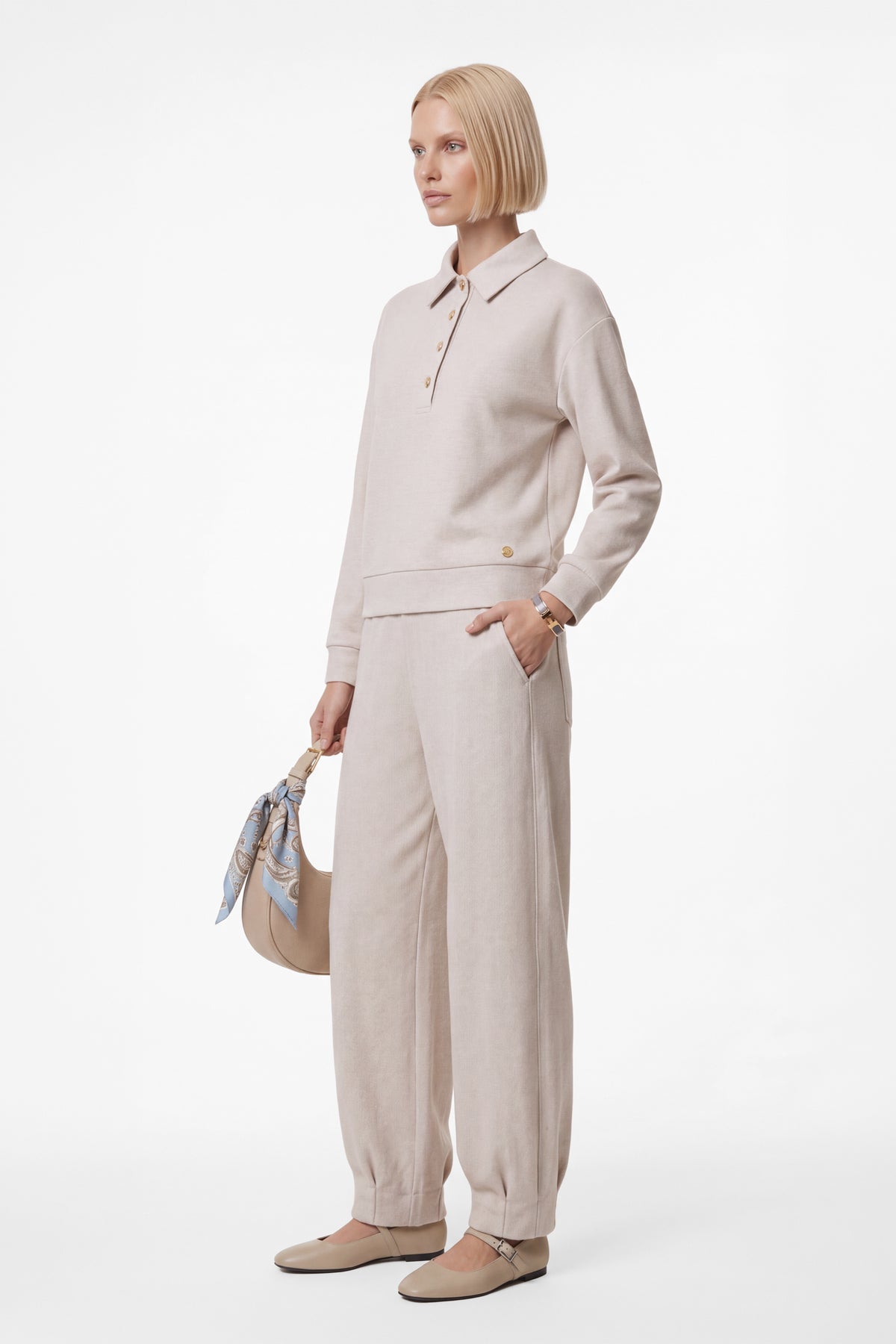 Kadın Krem Denim Görünümlü Mom Pantolon-WFWPA0082