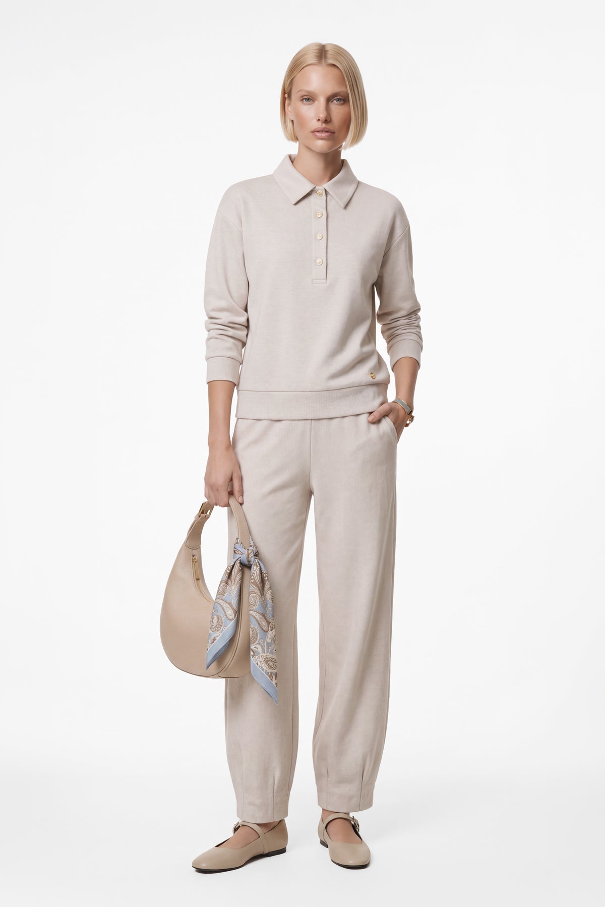 Kadın Krem Denim Görünümlü Mom Pantolon-WFWPA0082