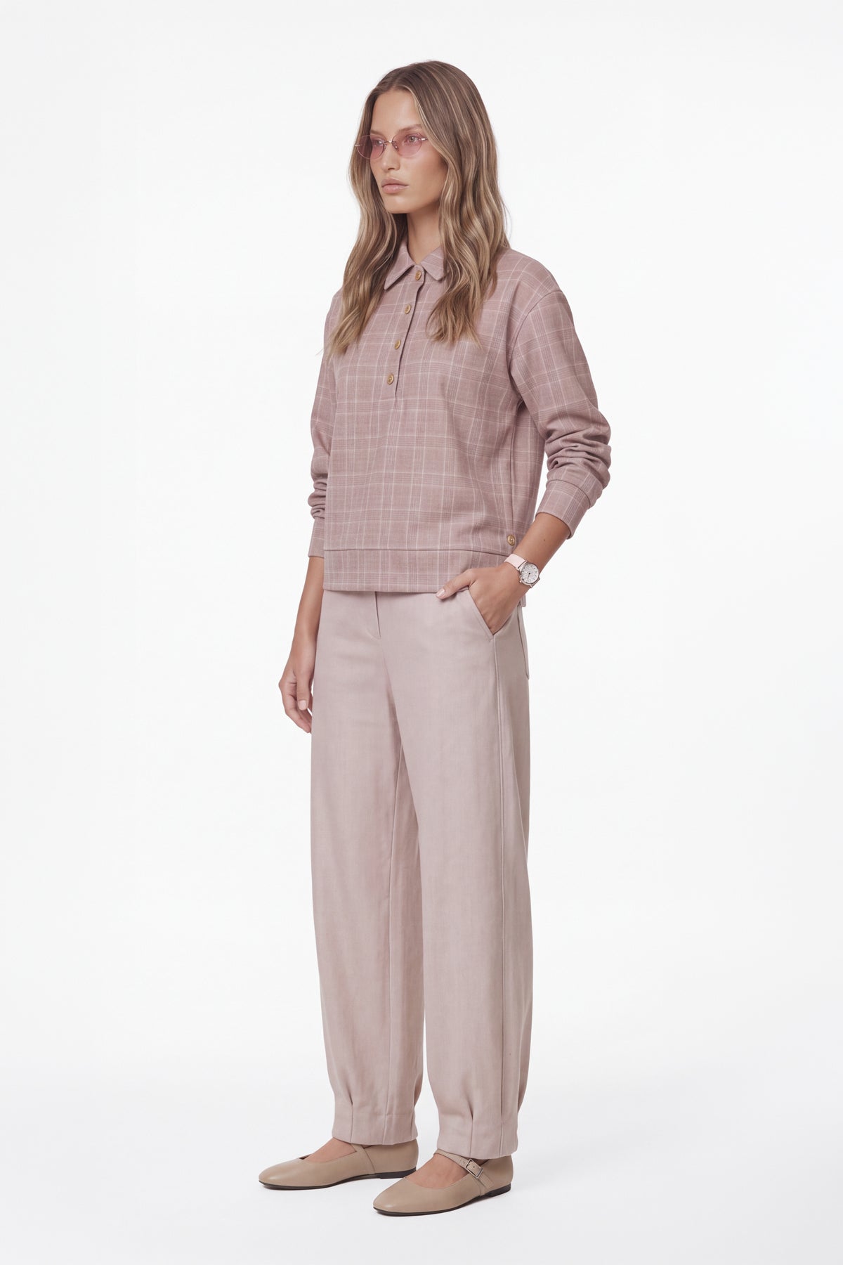 Kadın Pudra Pembe Denim Görünümlü Mom Pantolon-WFWPA0082