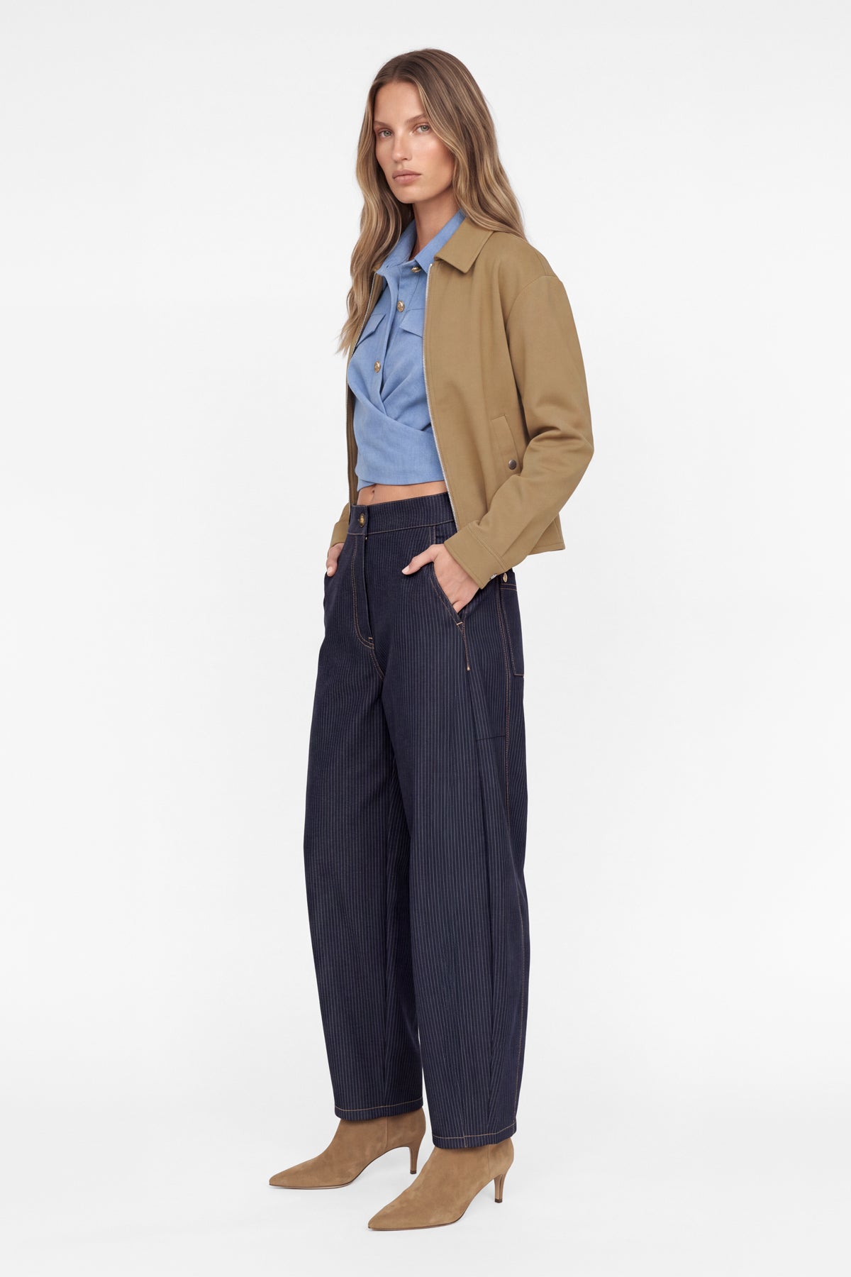 Kadın Çizgili Denim Viskon Kot Görünümlü Balon Kesim Pantolon-WFWPA0101