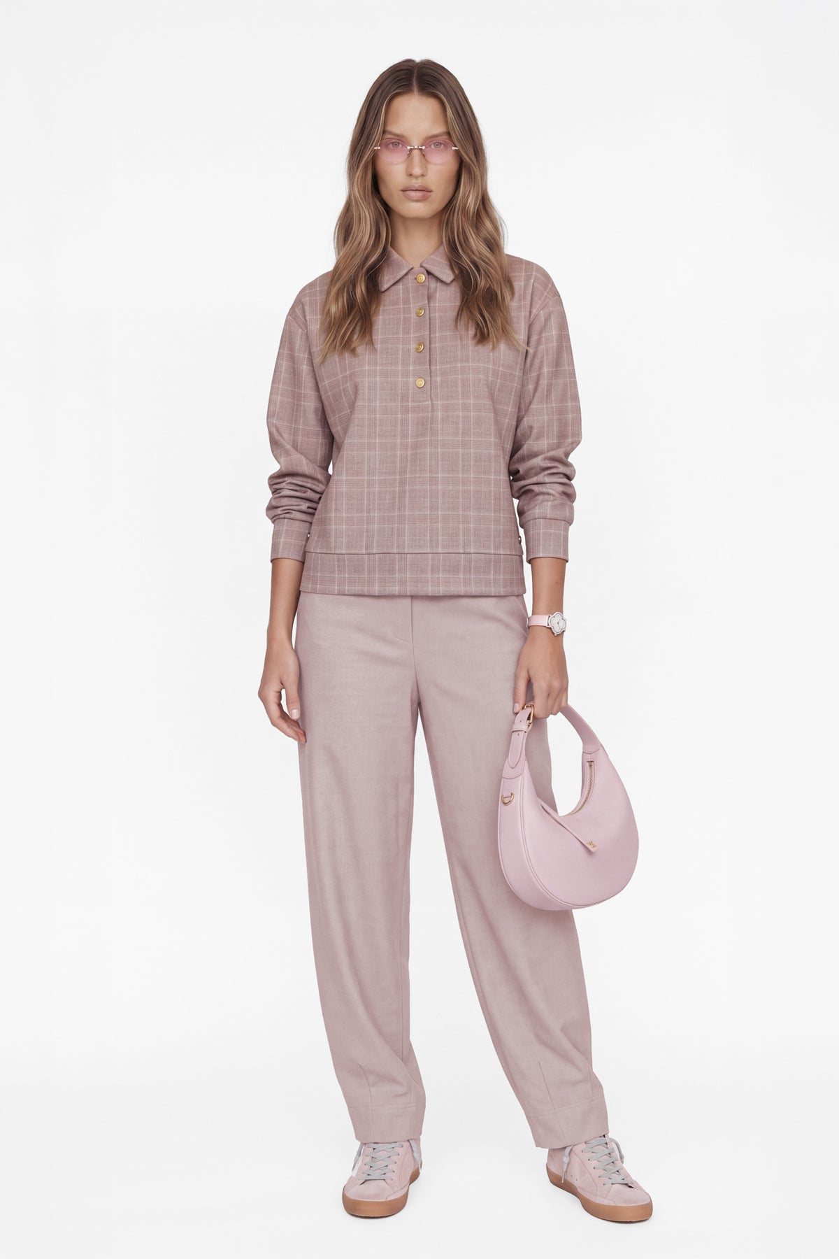 Kadın Pudra Pembe Pamuklu Polo Yaka Sweatshirt-WFWSW0081