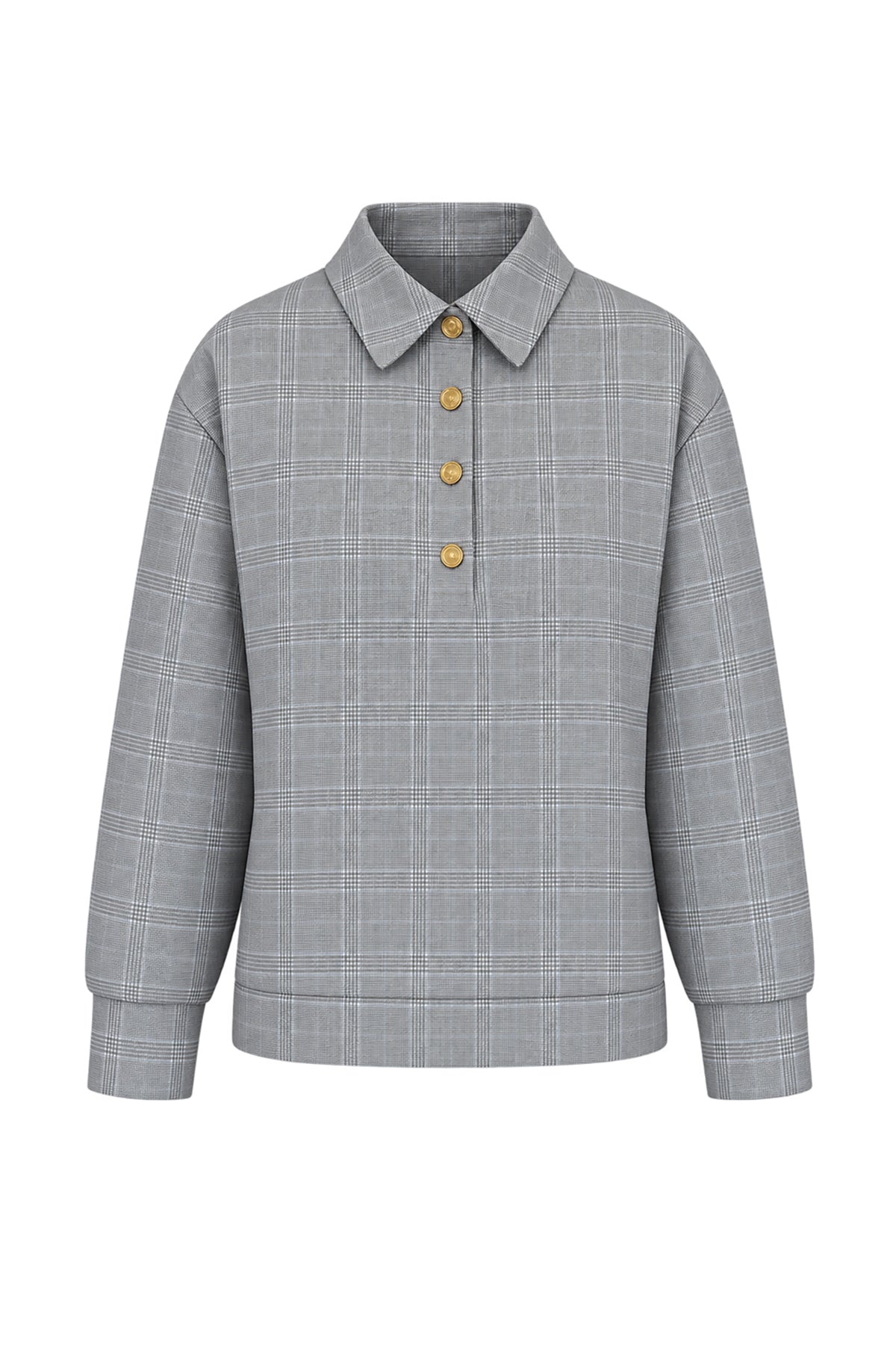 Kadın Gri Mavi Ekose Pamuklu Polo Yaka Sweatshirt-WFWSW0081
