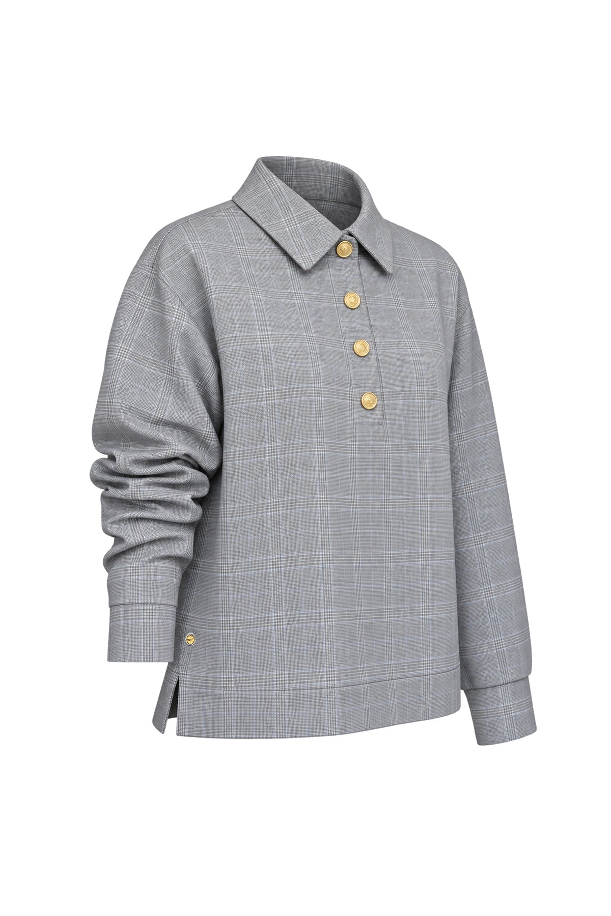 Kadın Gri Mavi Ekose Pamuklu Polo Yaka Sweatshirt-WFWSW0081